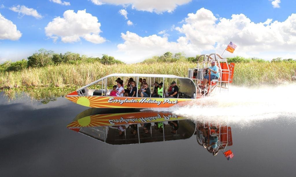 Speeding Airboat with Passengers in the Florida Everglades